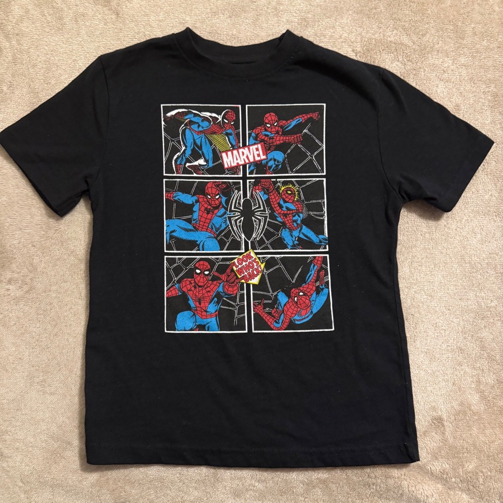 Marvel Spider-Man Comic Panel Graphic T-Shirt Kids Size 7/8 Black Short Sleeve